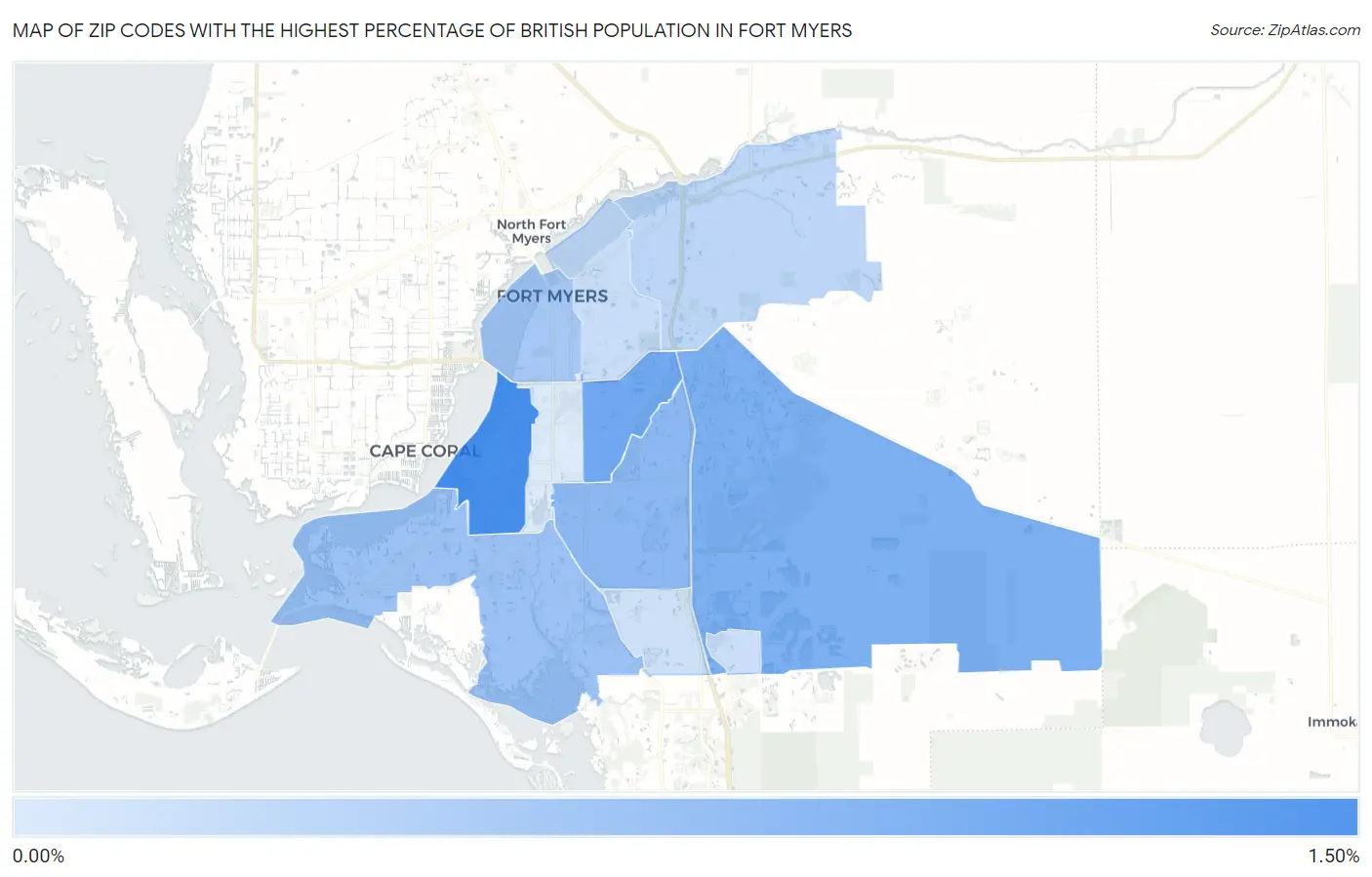 Zip Codes with the Highest Percentage of British Population in Fort Myers Map