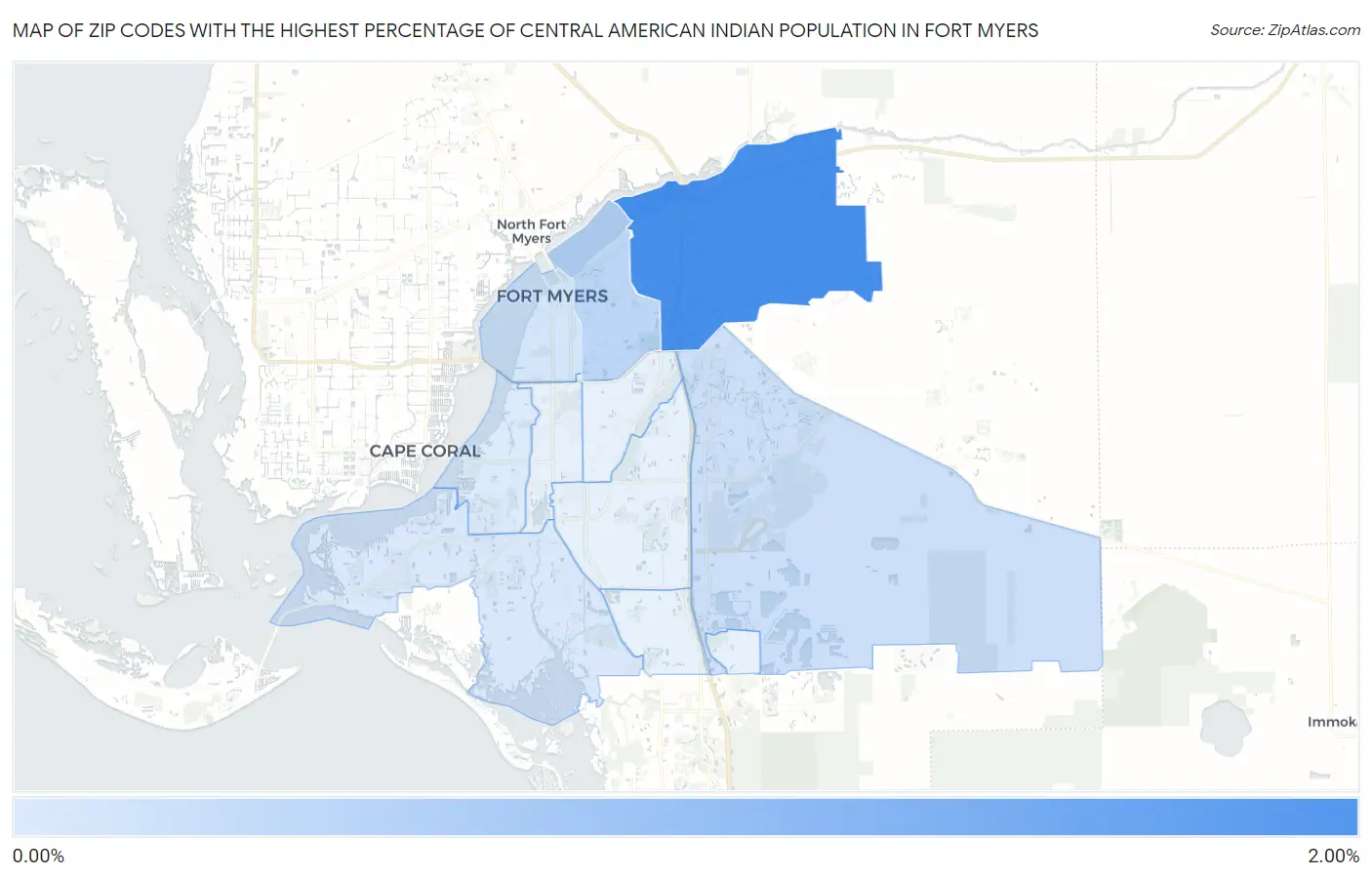 Zip Codes with the Highest Percentage of Central American Indian Population in Fort Myers Map