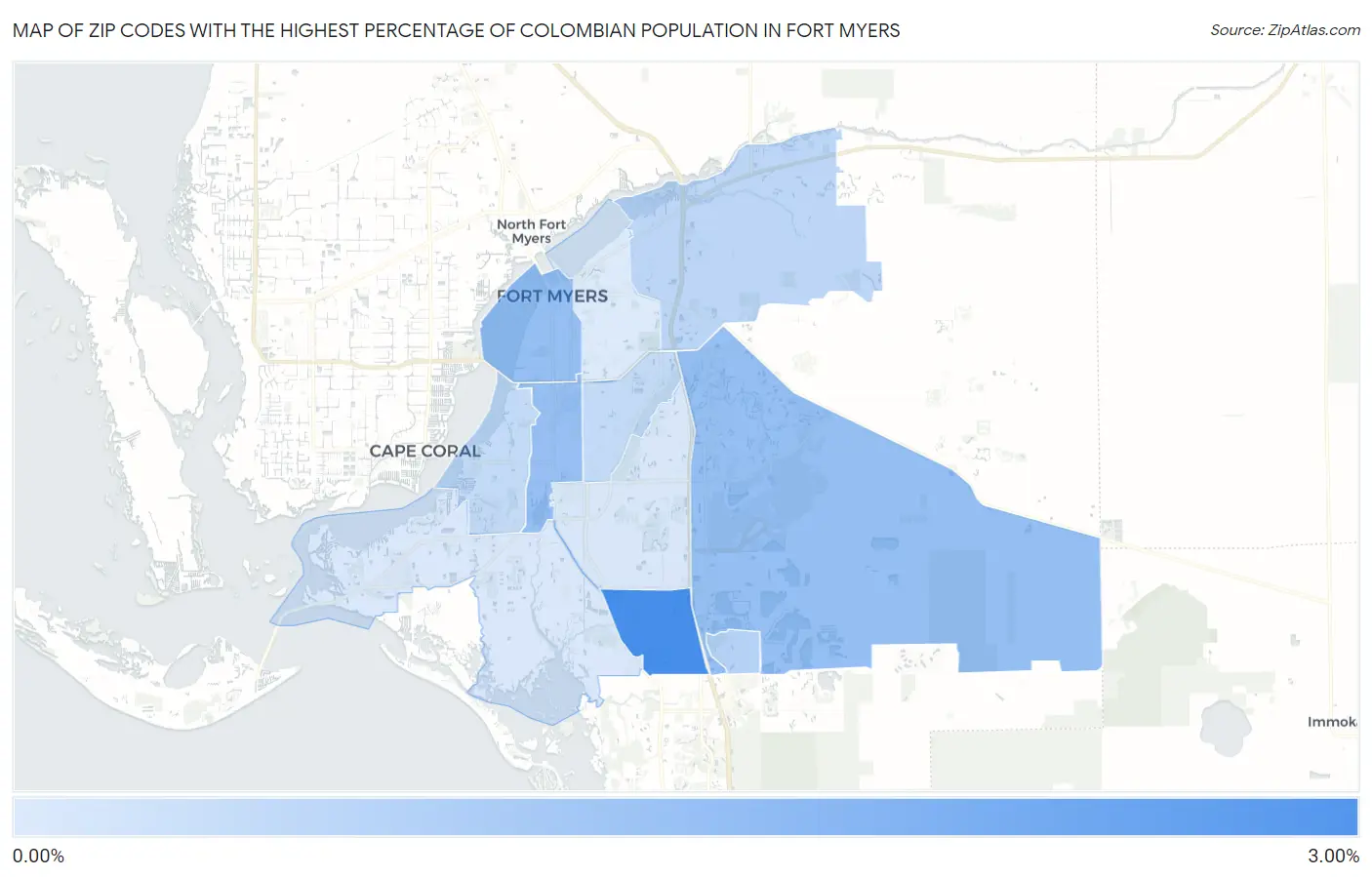 Zip Codes with the Highest Percentage of Colombian Population in Fort Myers Map