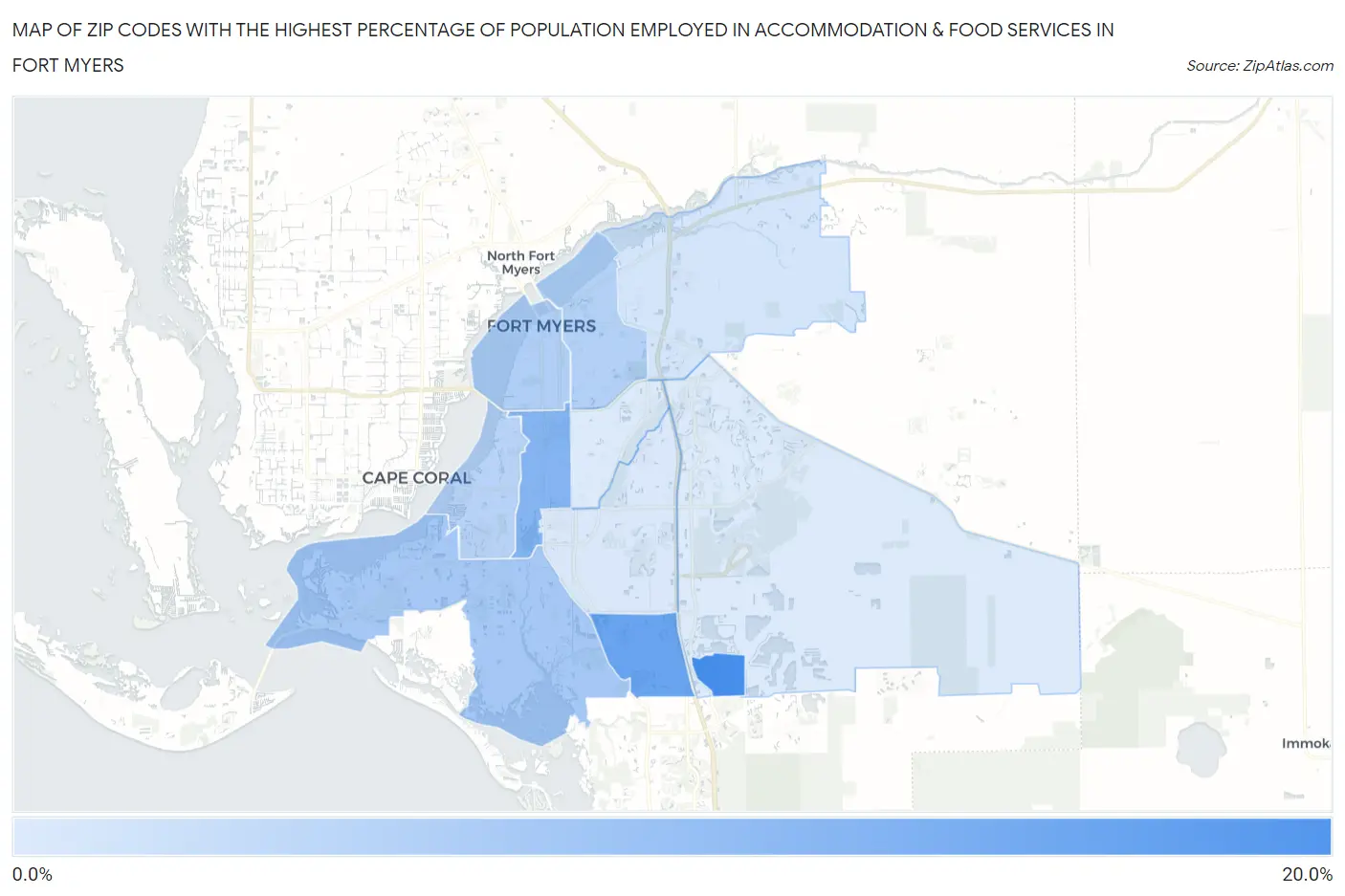 Zip Codes with the Highest Percentage of Population Employed in Accommodation & Food Services in Fort Myers Map