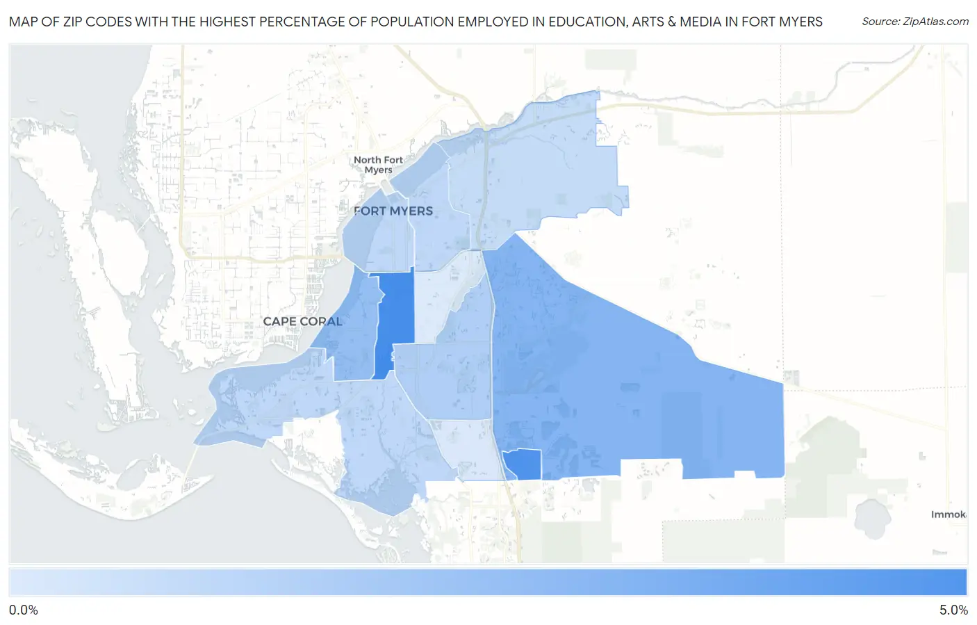 Zip Codes with the Highest Percentage of Population Employed in Education, Arts & Media in Fort Myers Map