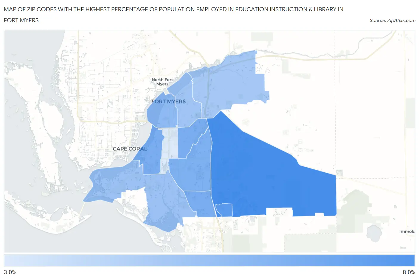 Zip Codes with the Highest Percentage of Population Employed in Education Instruction & Library in Fort Myers Map