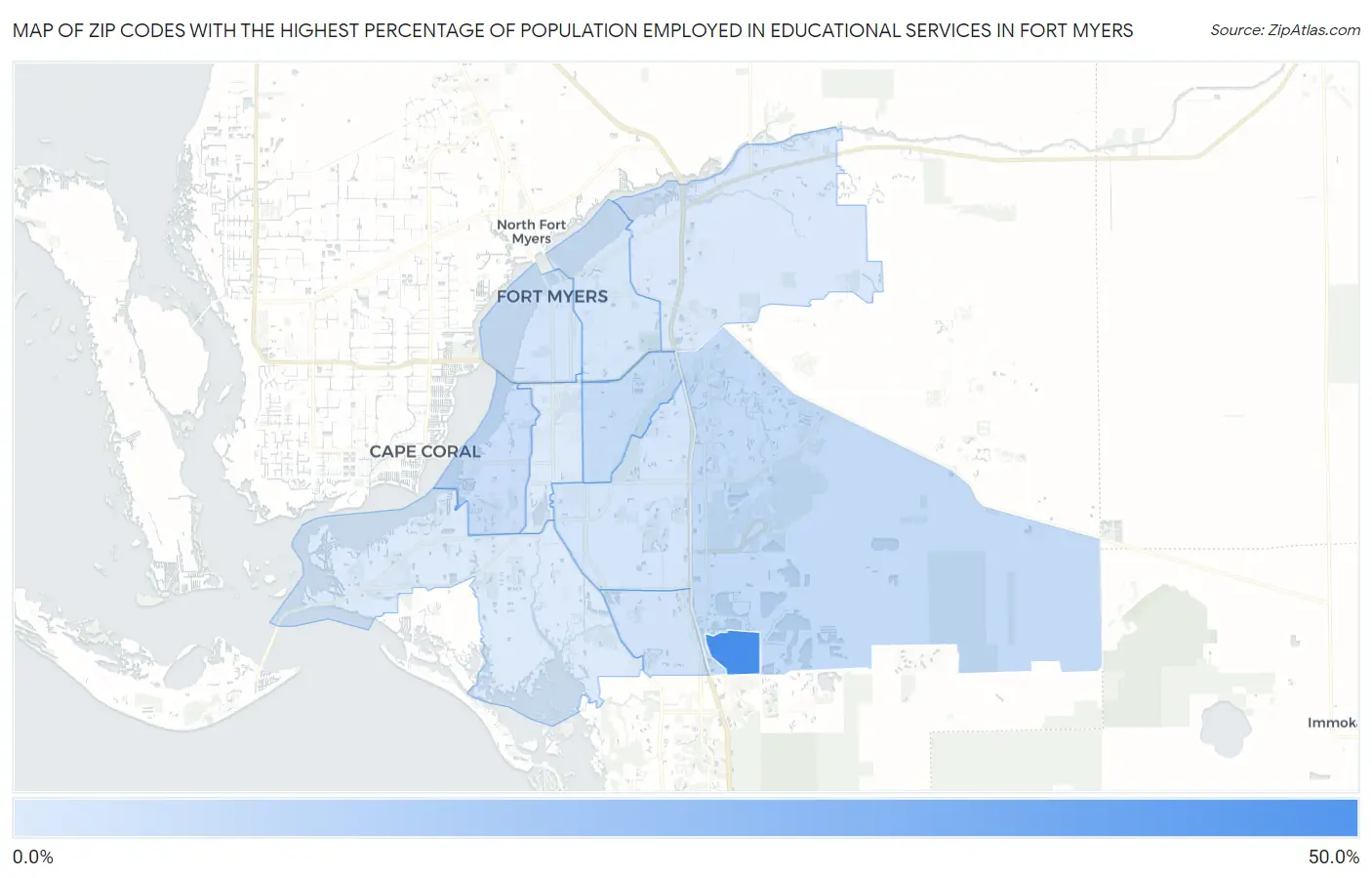 Zip Codes with the Highest Percentage of Population Employed in Educational Services in Fort Myers Map