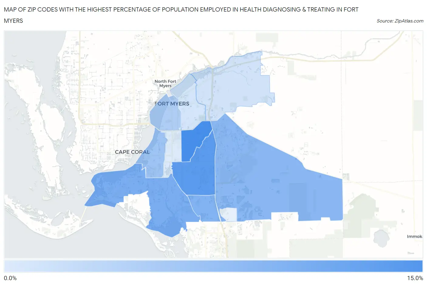 Zip Codes with the Highest Percentage of Population Employed in Health Diagnosing & Treating in Fort Myers Map