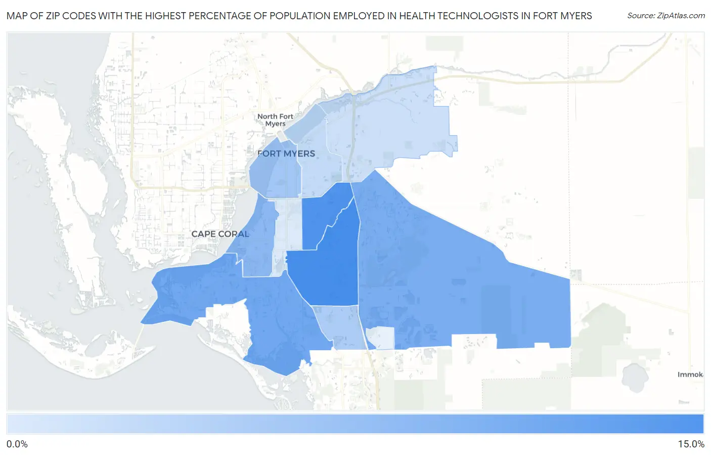 Zip Codes with the Highest Percentage of Population Employed in Health Technologists in Fort Myers Map