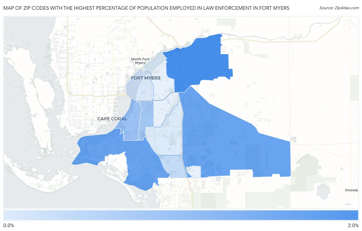 Zip Codes with the Highest Percentage of Population Employed in Law Enforcement in Fort Myers Map