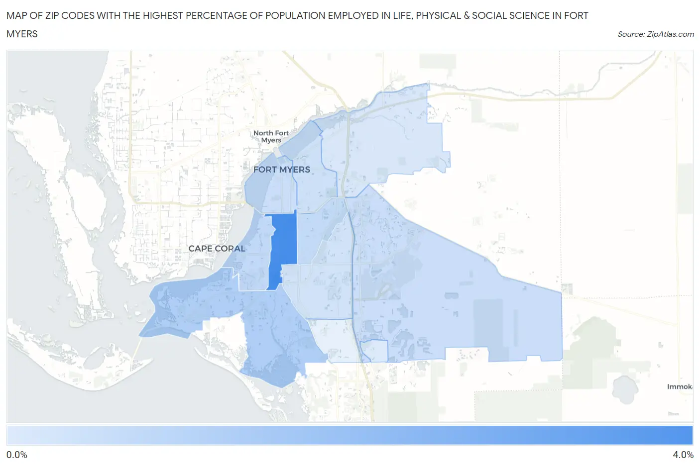 Zip Codes with the Highest Percentage of Population Employed in Life, Physical & Social Science in Fort Myers Map