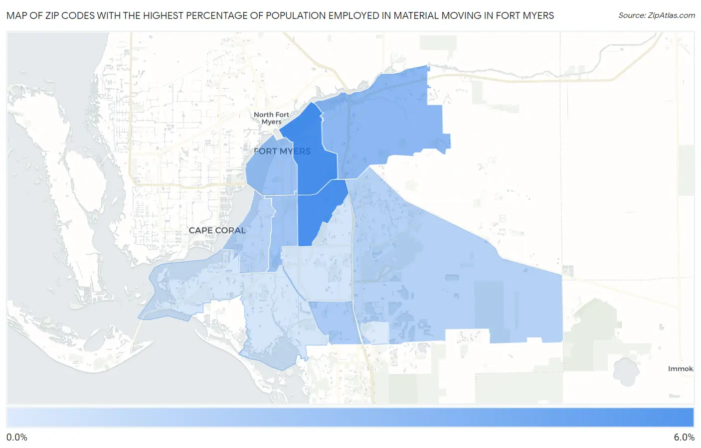 Zip Codes with the Highest Percentage of Population Employed in Material Moving in Fort Myers Map