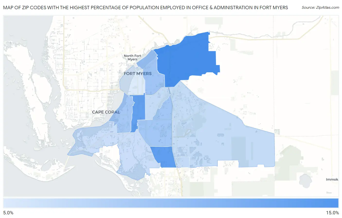 Zip Codes with the Highest Percentage of Population Employed in Office & Administration in Fort Myers Map