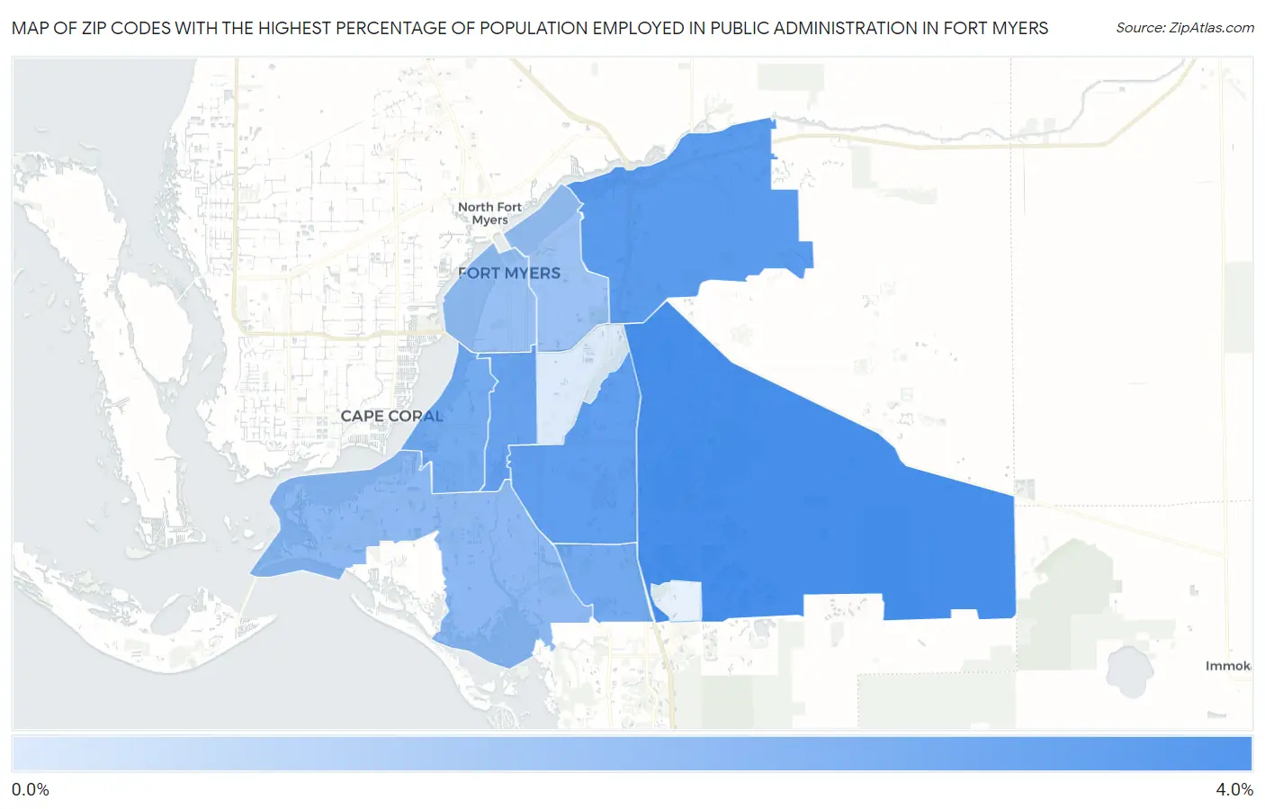 Zip Codes with the Highest Percentage of Population Employed in Public Administration in Fort Myers Map