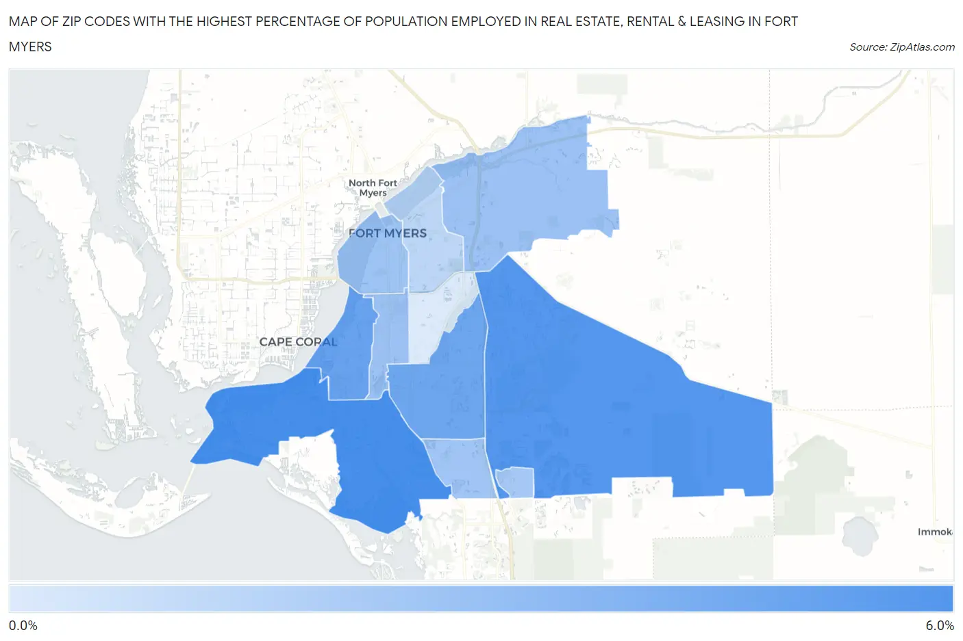 Zip Codes with the Highest Percentage of Population Employed in Real Estate, Rental & Leasing in Fort Myers Map