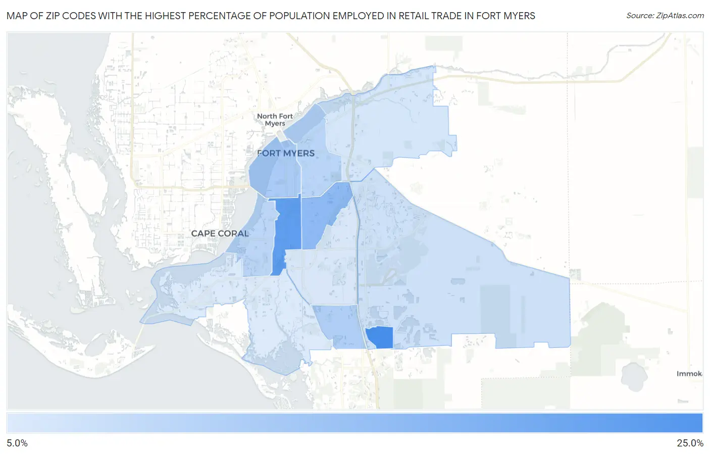 Zip Codes with the Highest Percentage of Population Employed in Retail Trade in Fort Myers Map