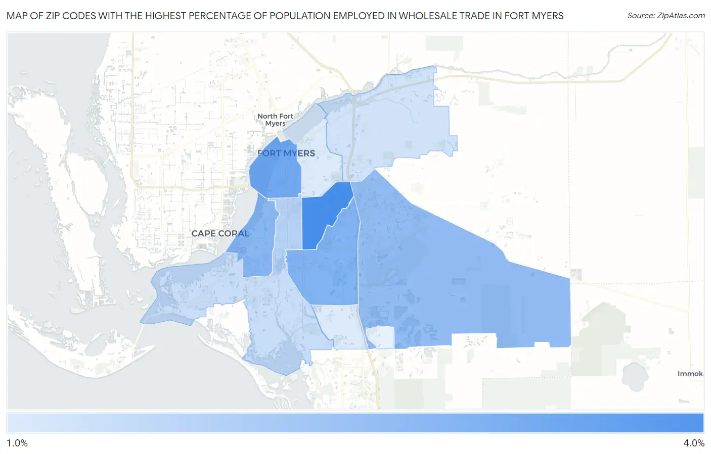 Zip Codes with the Highest Percentage of Population Employed in Wholesale Trade in Fort Myers Map