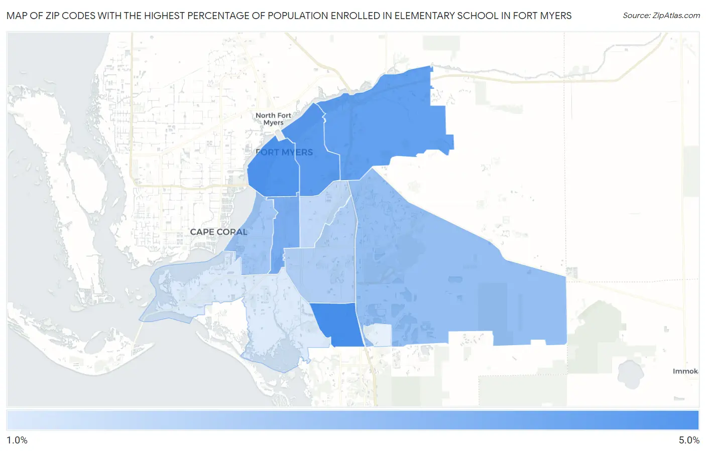 Zip Codes with the Highest Percentage of Population Enrolled in Elementary School in Fort Myers Map