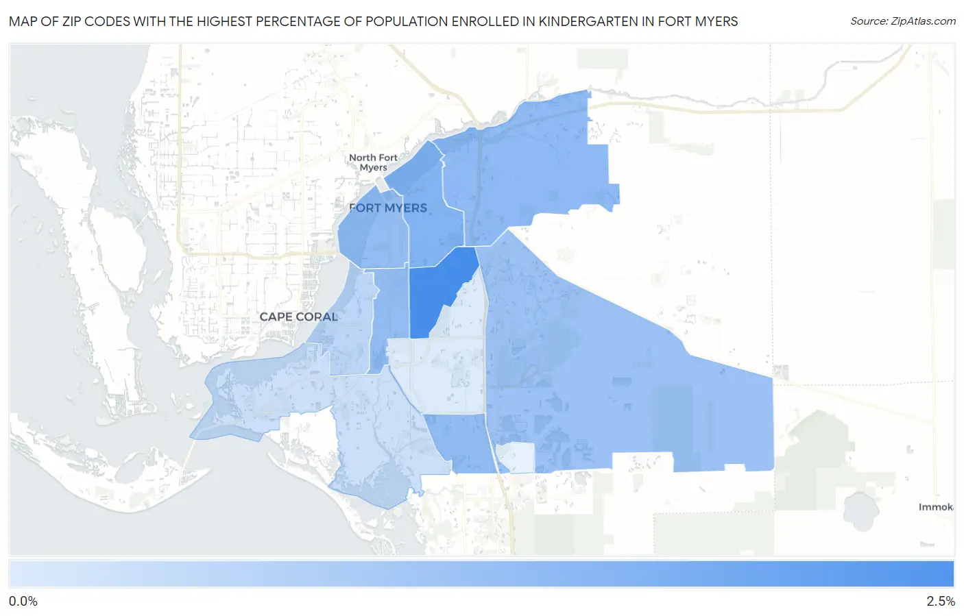 Zip Codes with the Highest Percentage of Population Enrolled in Kindergarten in Fort Myers Map