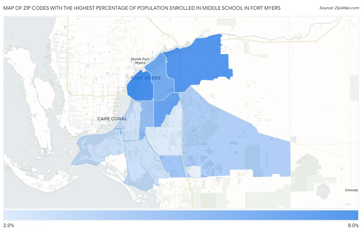 Zip Codes with the Highest Percentage of Population Enrolled in Middle School in Fort Myers Map