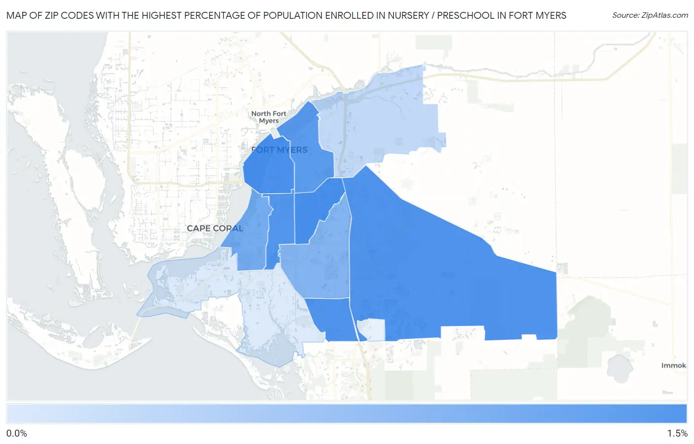 Zip Codes with the Highest Percentage of Population Enrolled in Nursery / Preschool in Fort Myers Map