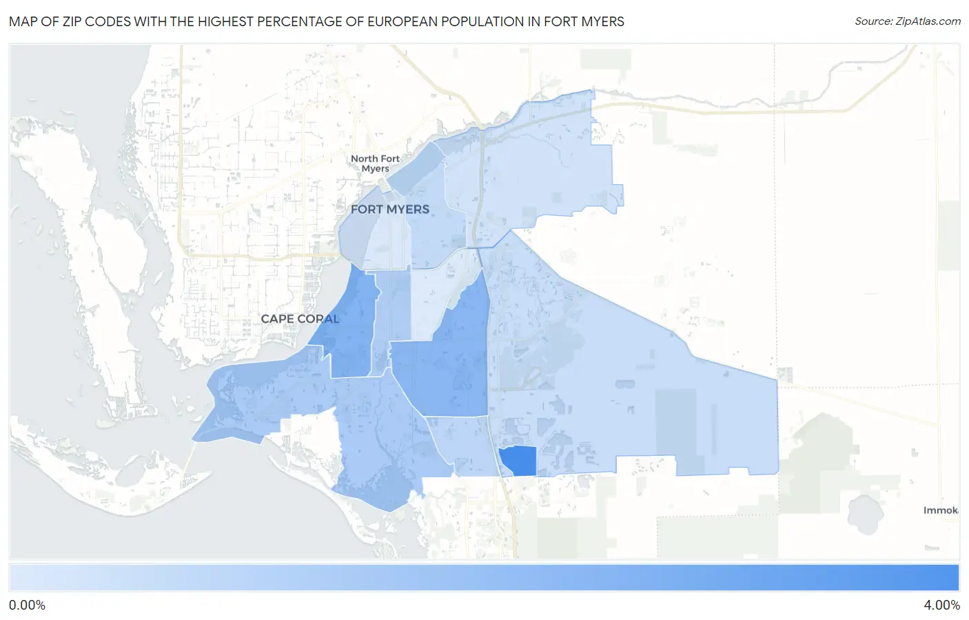Zip Codes with the Highest Percentage of European Population in Fort Myers Map