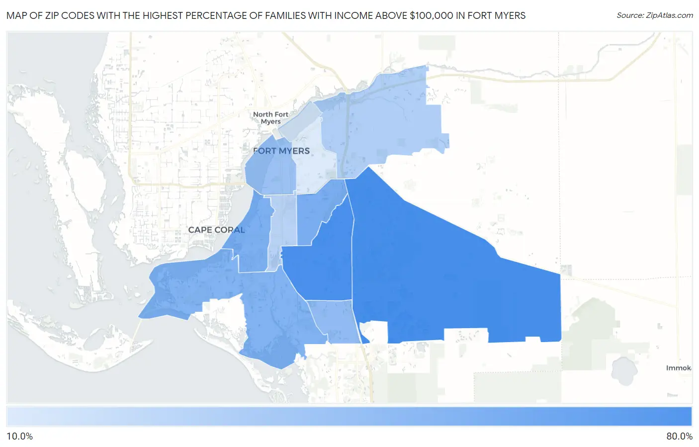 Zip Codes with the Highest Percentage of Families with Income Above $100,000 in Fort Myers Map