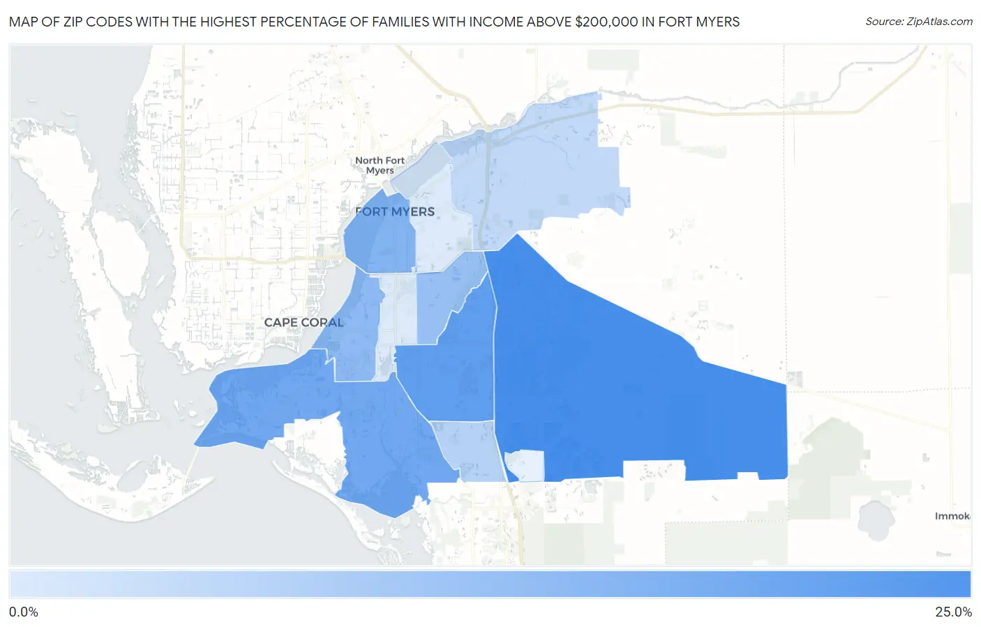 Zip Codes with the Highest Percentage of Families with Income Above $200,000 in Fort Myers Map