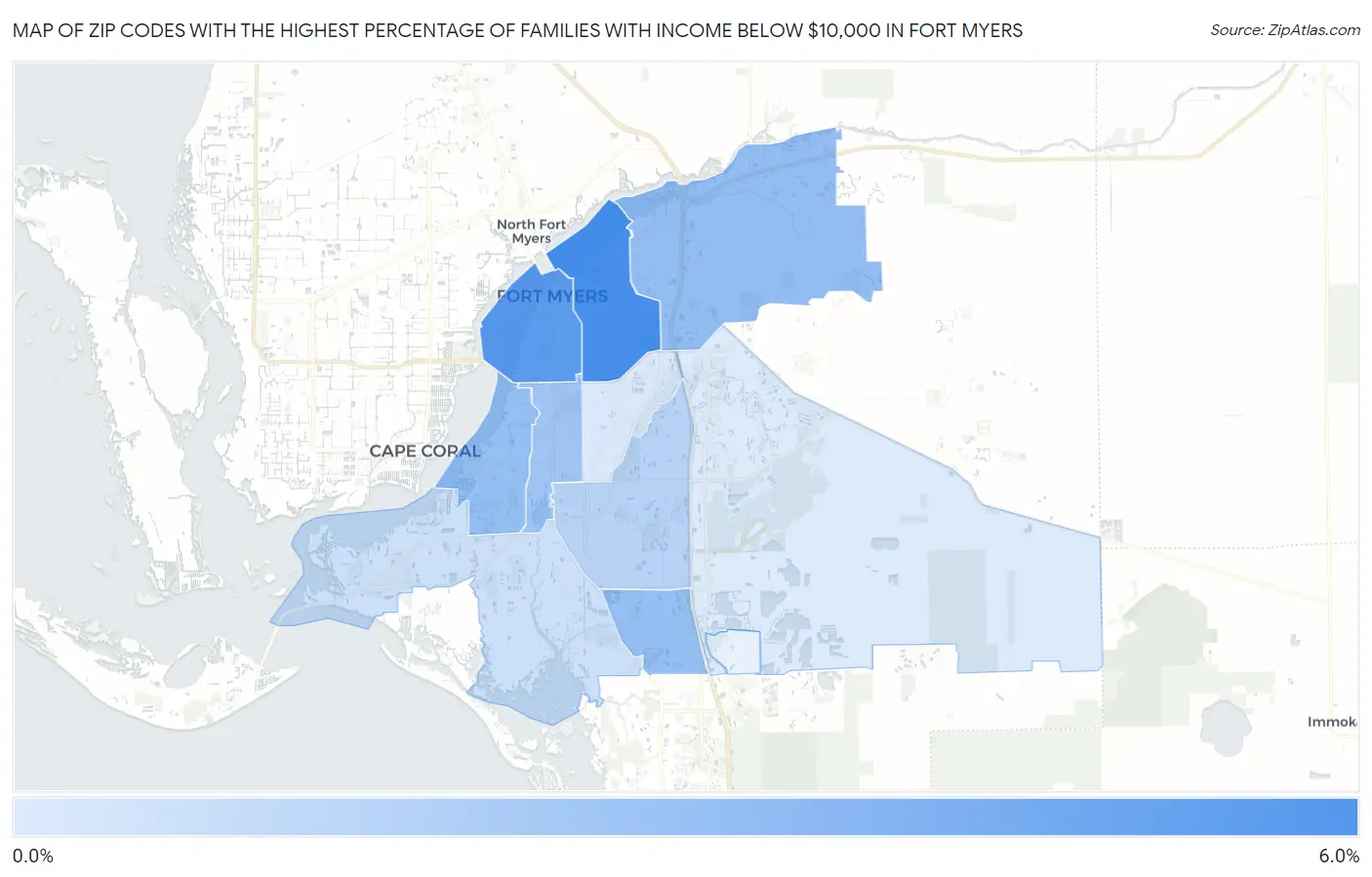 Zip Codes with the Highest Percentage of Families with Income Below $10,000 in Fort Myers Map