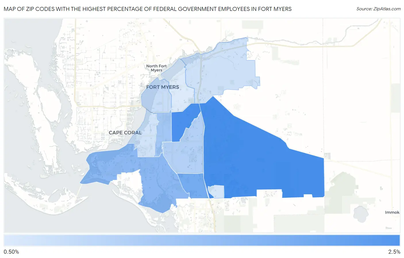 Zip Codes with the Highest Percentage of Federal Government Employees in Fort Myers Map