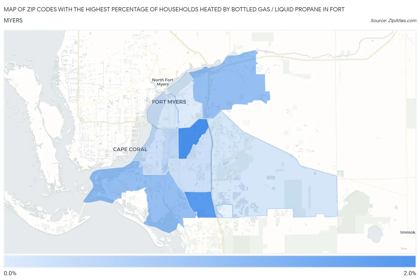Zip Codes with the Highest Percentage of Households Heated by Bottled Gas / Liquid Propane in Fort Myers Map