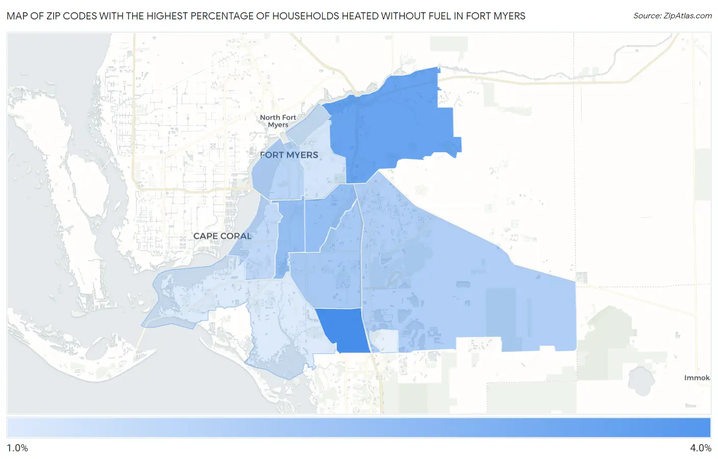 Zip Codes with the Highest Percentage of Households Heated without Fuel in Fort Myers Map