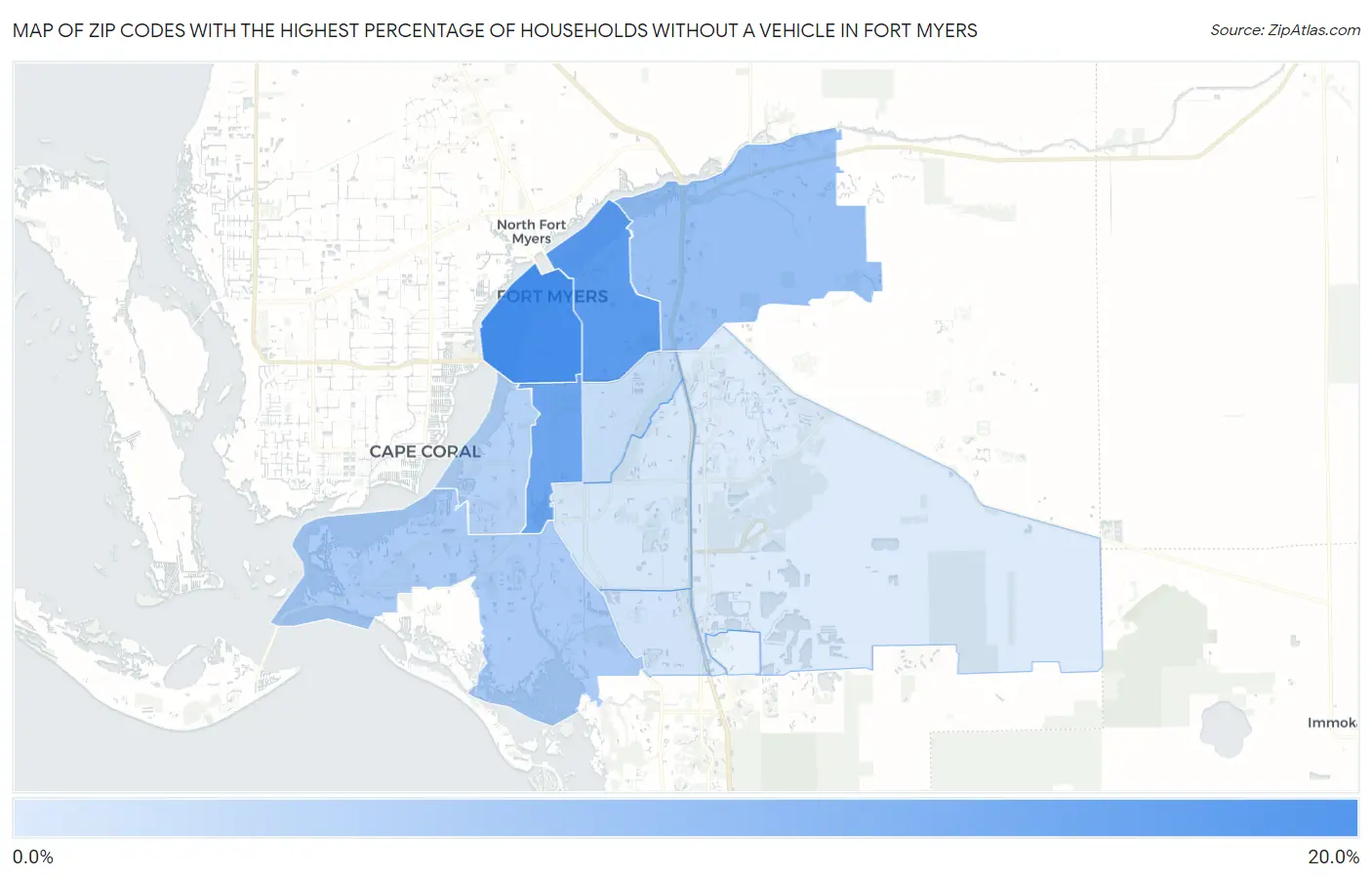 Zip Codes with the Highest Percentage of Households Without a Vehicle in Fort Myers Map
