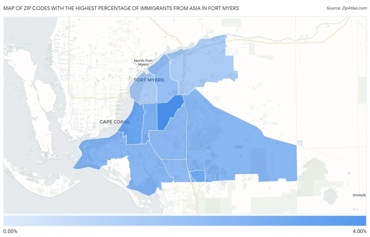 Zip Codes with the Highest Percentage of Immigrants from Asia in Fort Myers Map