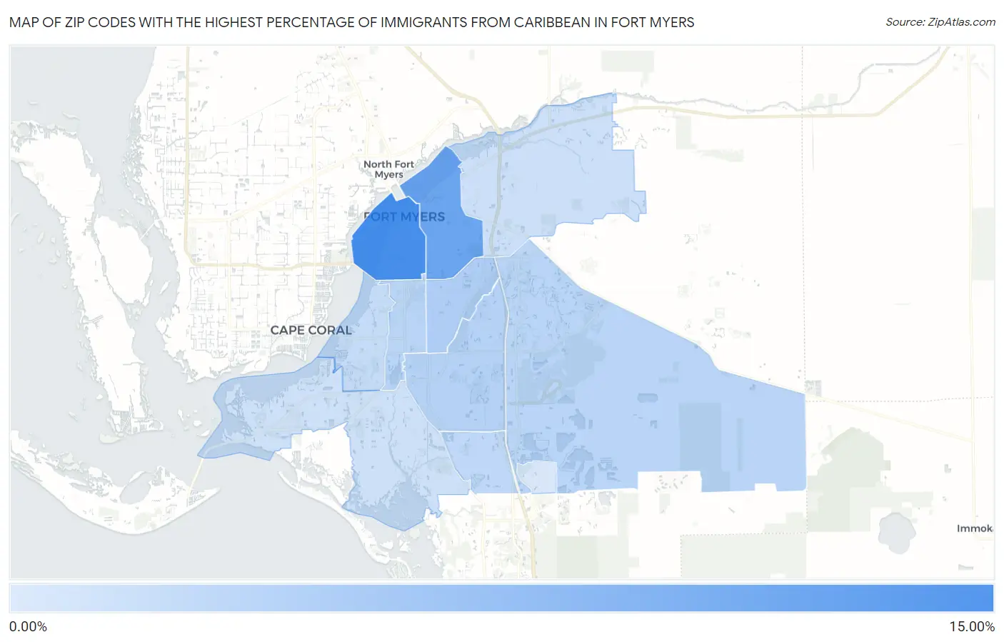 Zip Codes with the Highest Percentage of Immigrants from Caribbean in Fort Myers Map