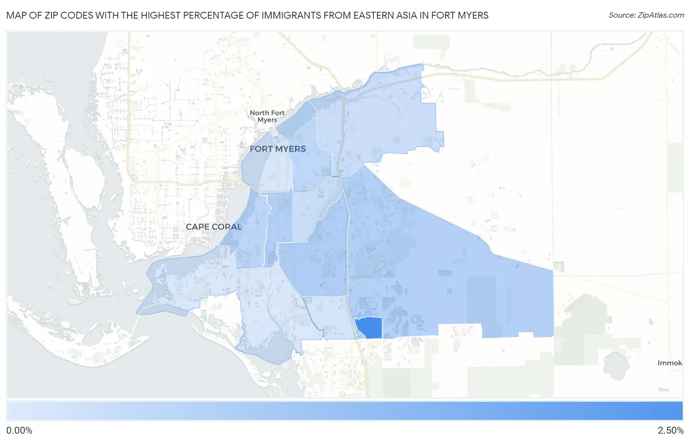 Zip Codes with the Highest Percentage of Immigrants from Eastern Asia in Fort Myers Map