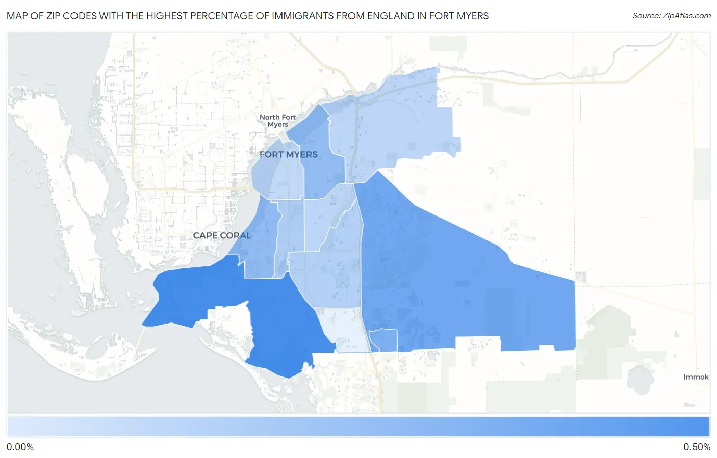 Zip Codes with the Highest Percentage of Immigrants from England in Fort Myers Map