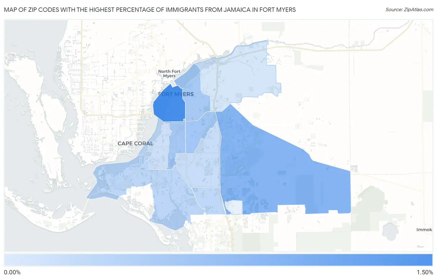 Zip Codes with the Highest Percentage of Immigrants from Jamaica in Fort Myers Map