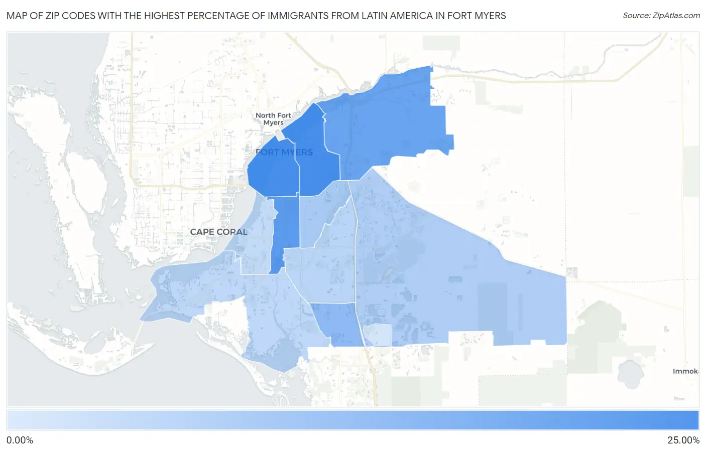 Zip Codes with the Highest Percentage of Immigrants from Latin America in Fort Myers Map