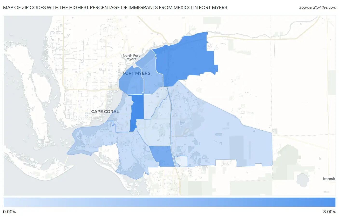 Zip Codes with the Highest Percentage of Immigrants from Mexico in Fort Myers Map