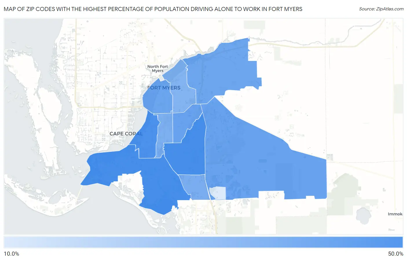 Zip Codes with the Highest Percentage of Population Driving Alone to Work in Fort Myers Map