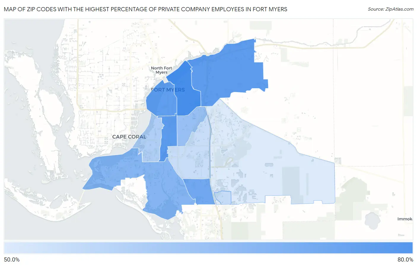 Zip Codes with the Highest Percentage of Private Company Employees in Fort Myers Map