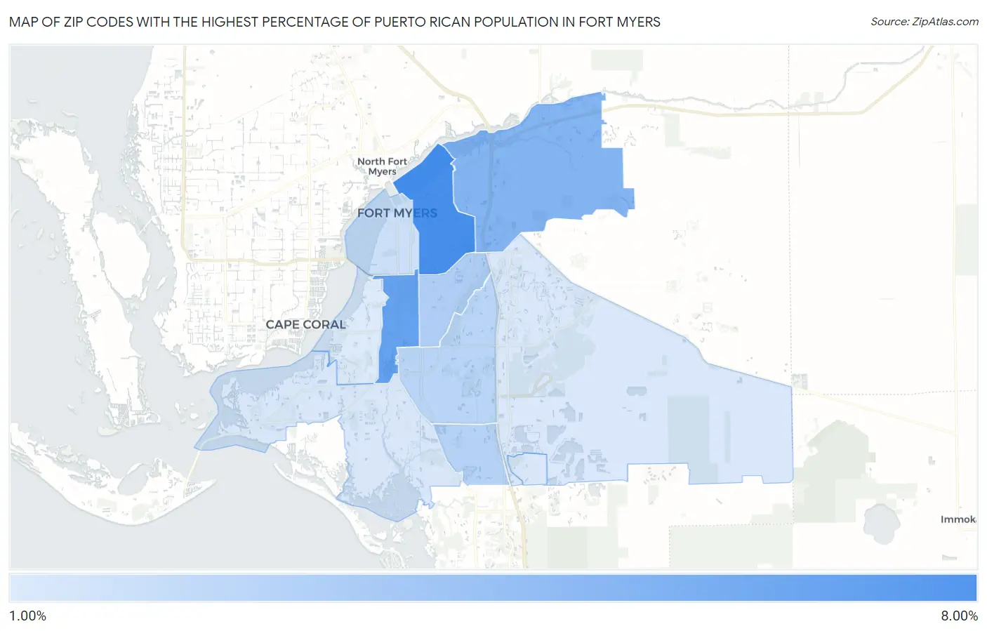 Zip Codes with the Highest Percentage of Puerto Rican Population in Fort Myers Map