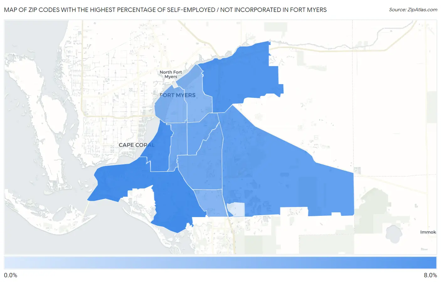 Zip Codes with the Highest Percentage of Self-Employed / Not Incorporated in Fort Myers Map
