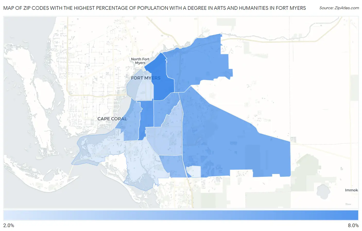 Zip Codes with the Highest Percentage of Population with a Degree in Arts and Humanities in Fort Myers Map