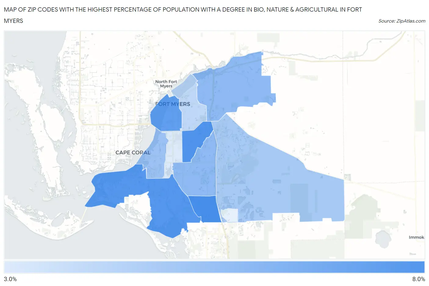 Zip Codes with the Highest Percentage of Population with a Degree in Bio, Nature & Agricultural in Fort Myers Map
