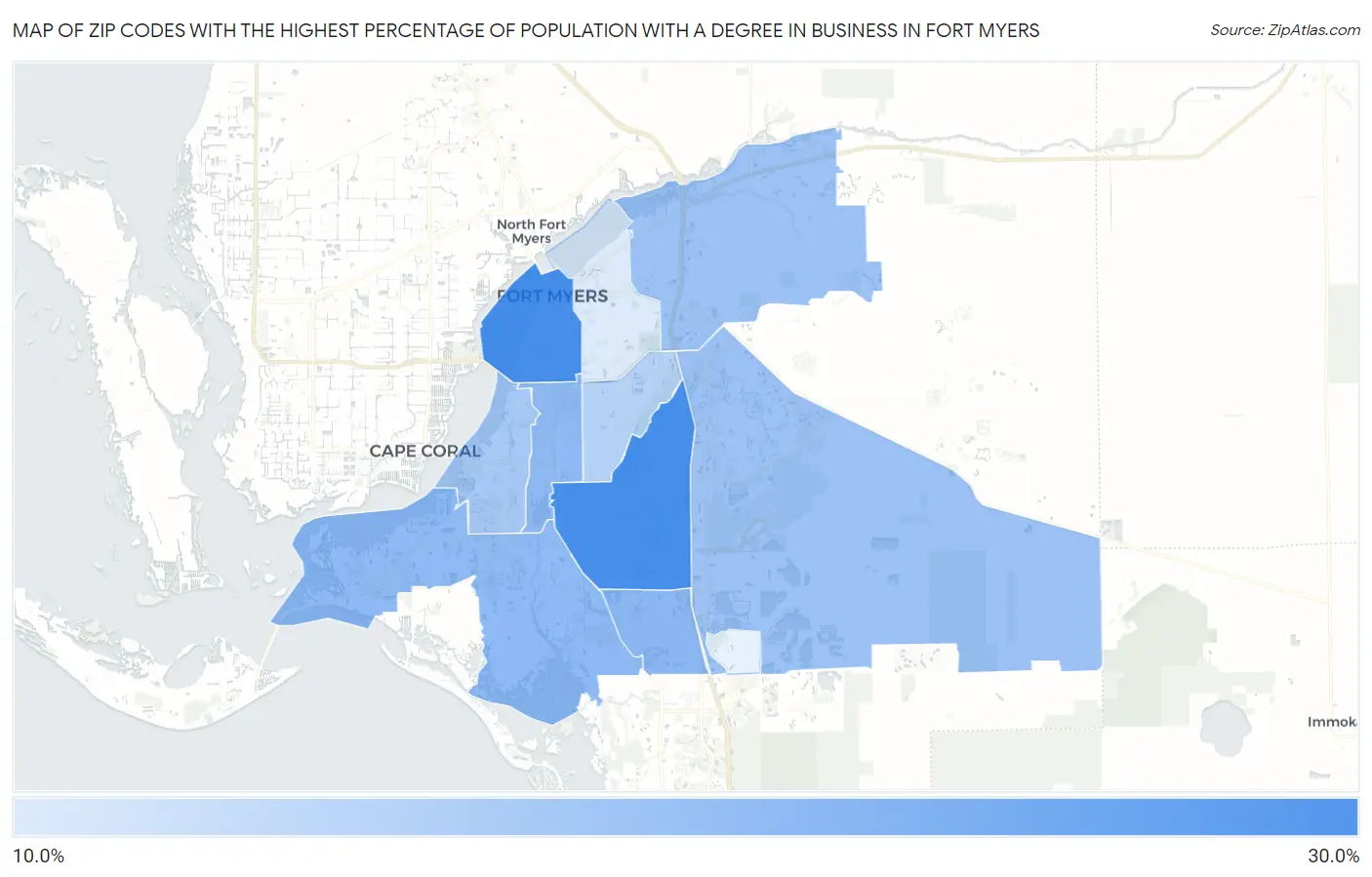 Zip Codes with the Highest Percentage of Population with a Degree in Business in Fort Myers Map