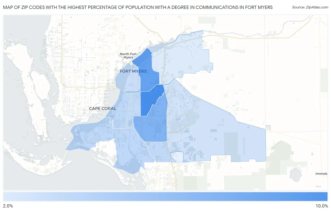 Zip Codes with the Highest Percentage of Population with a Degree in Communications in Fort Myers Map