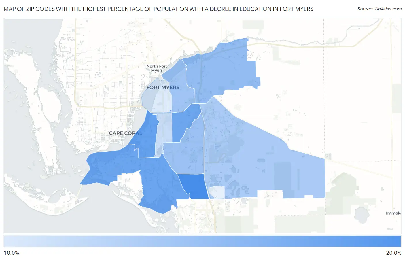 Zip Codes with the Highest Percentage of Population with a Degree in Education in Fort Myers Map