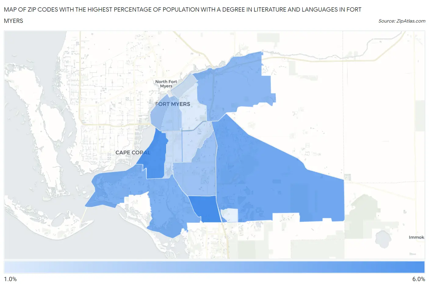 Zip Codes with the Highest Percentage of Population with a Degree in Literature and Languages in Fort Myers Map