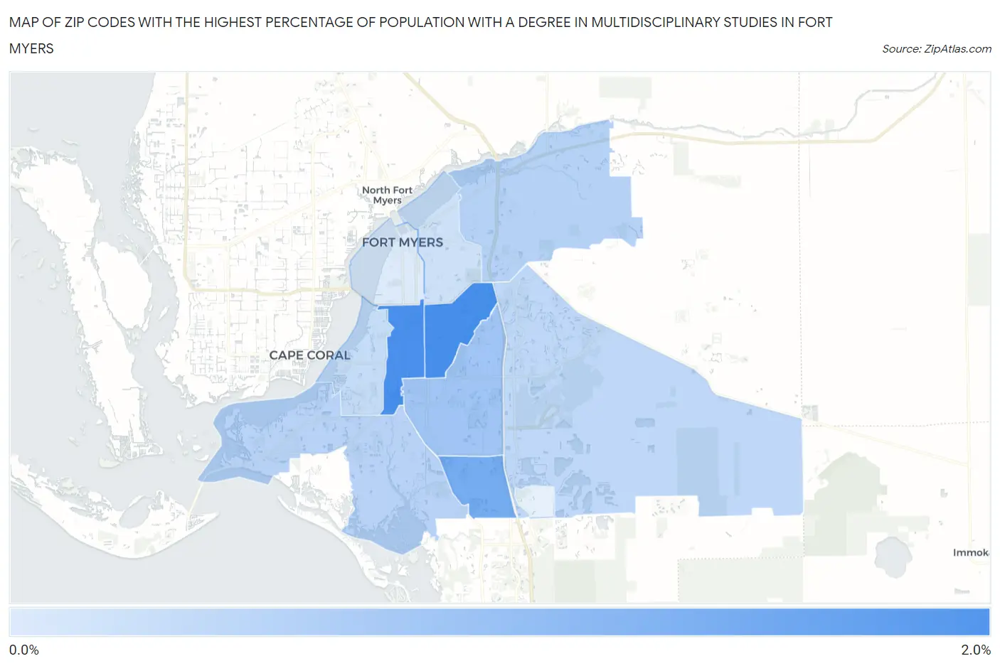 Zip Codes with the Highest Percentage of Population with a Degree in Multidisciplinary Studies in Fort Myers Map