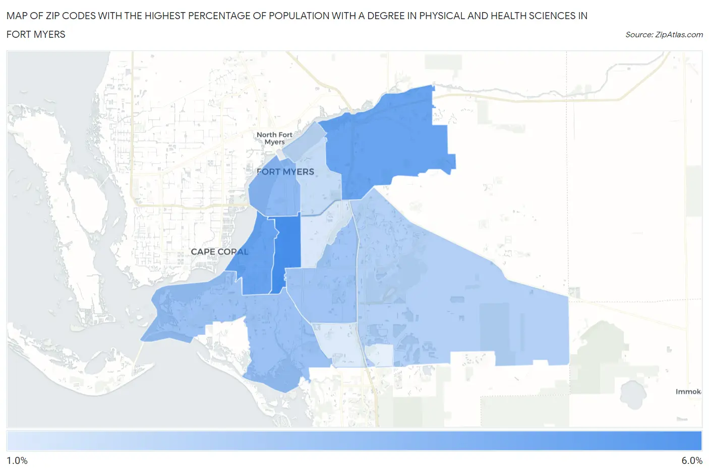 Zip Codes with the Highest Percentage of Population with a Degree in Physical and Health Sciences in Fort Myers Map