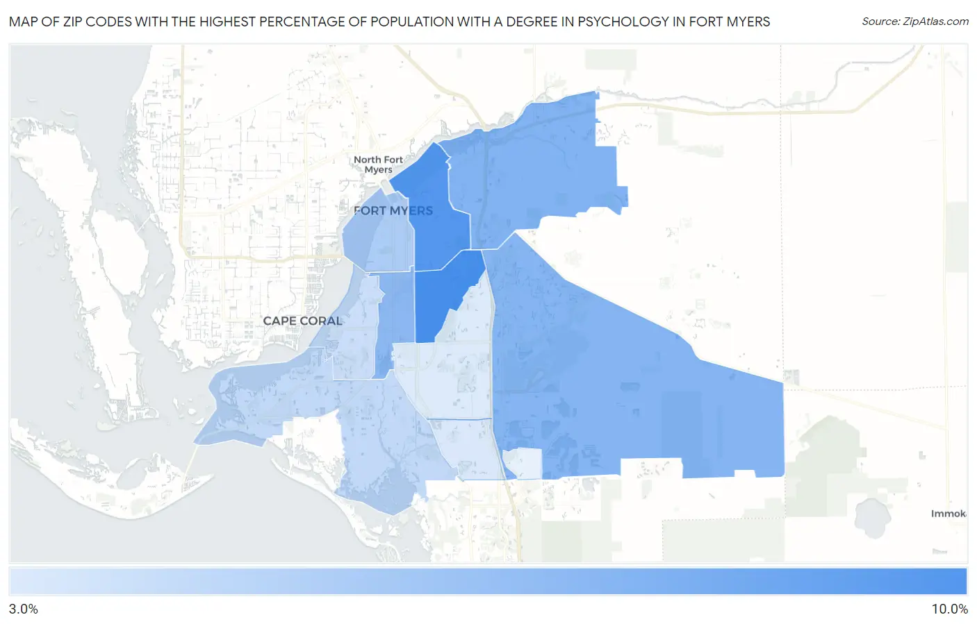 Zip Codes with the Highest Percentage of Population with a Degree in Psychology in Fort Myers Map