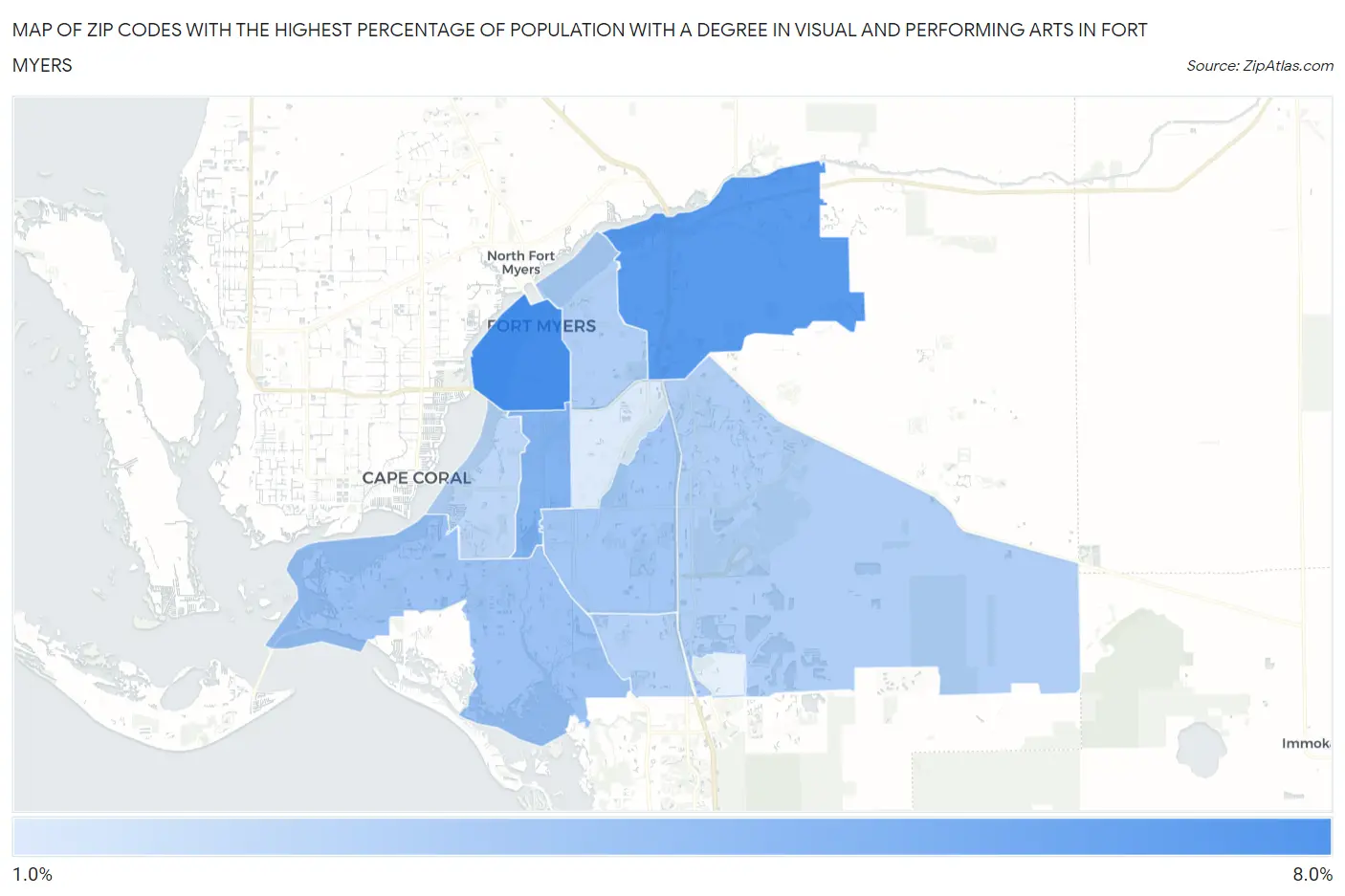 Zip Codes with the Highest Percentage of Population with a Degree in Visual and Performing Arts in Fort Myers Map